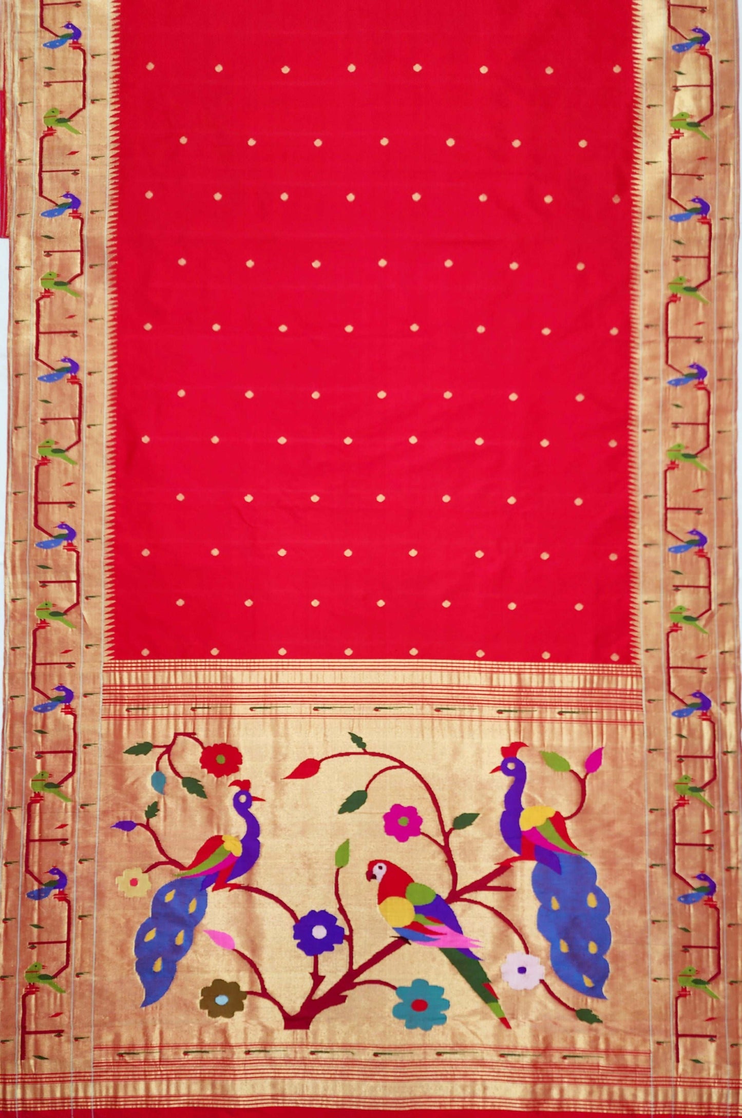 Peacock Parrots Brocade Paithani