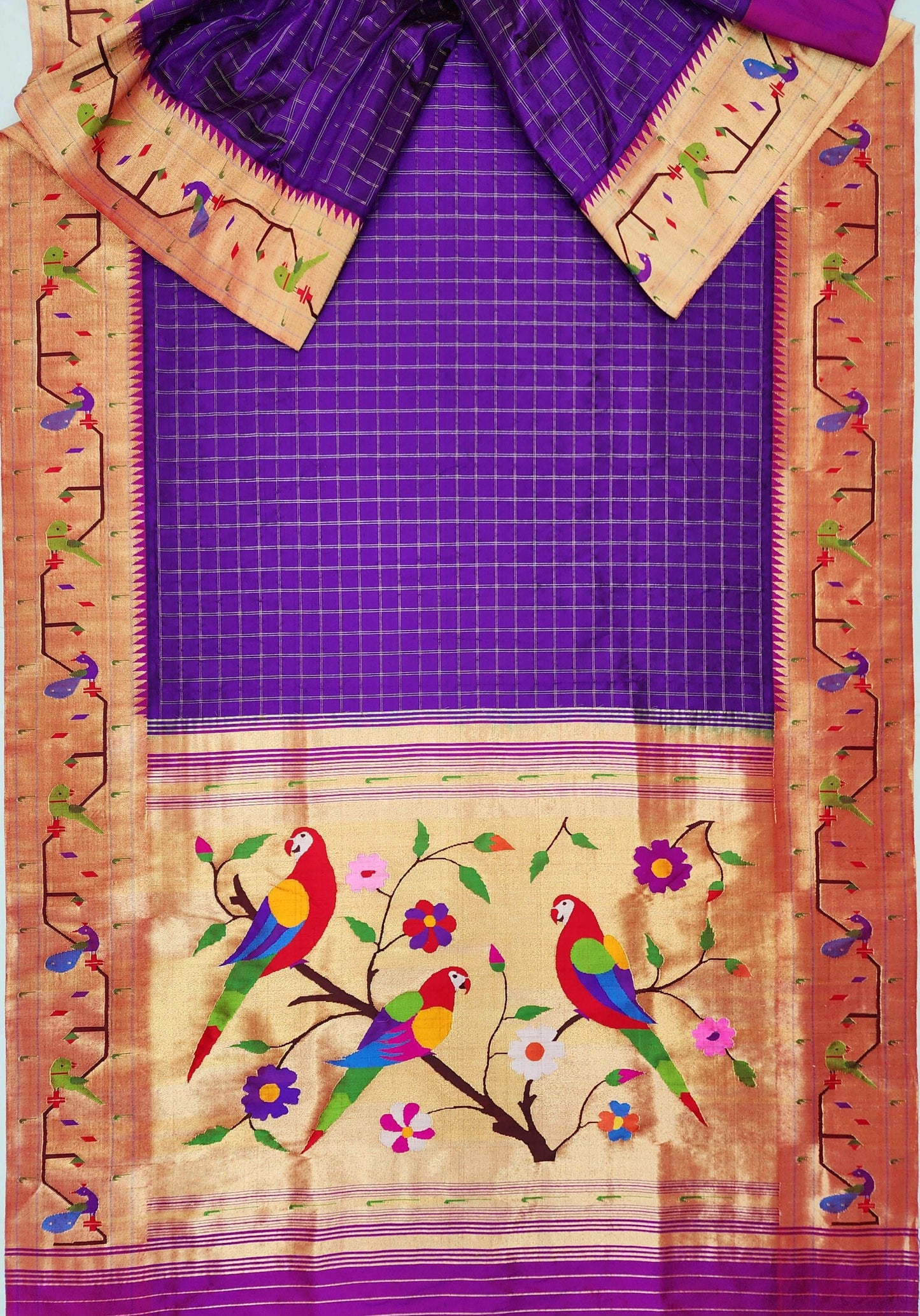 Peacock Parrots Brocade Paithani