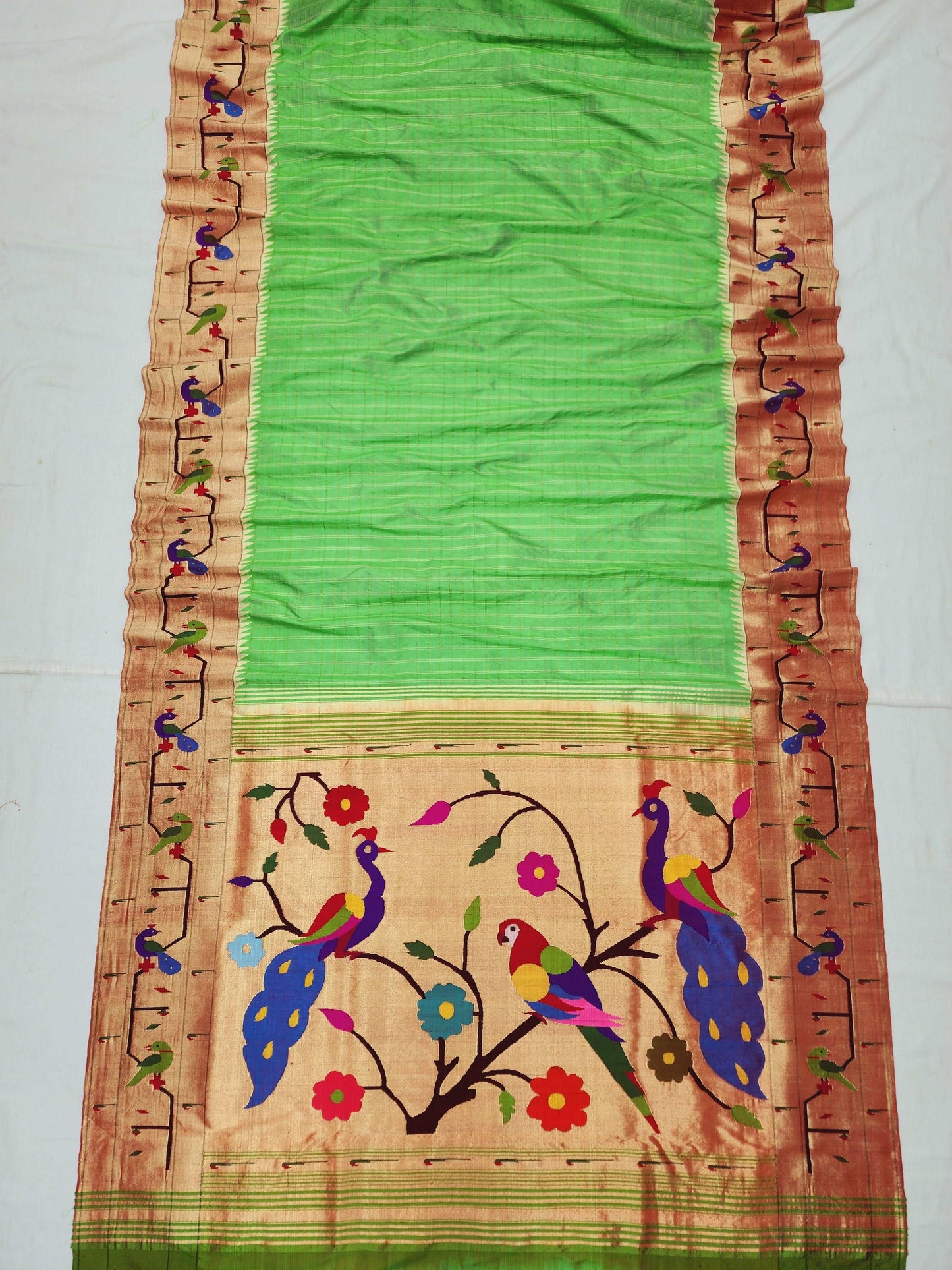 Peacock Parrots Brocade Paithani