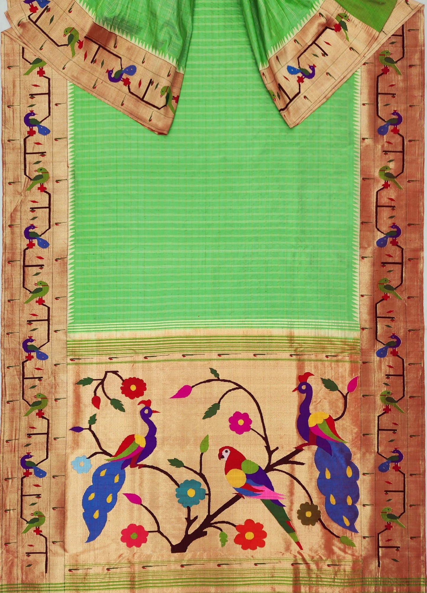 Peacock Parrots Brocade Paithani
