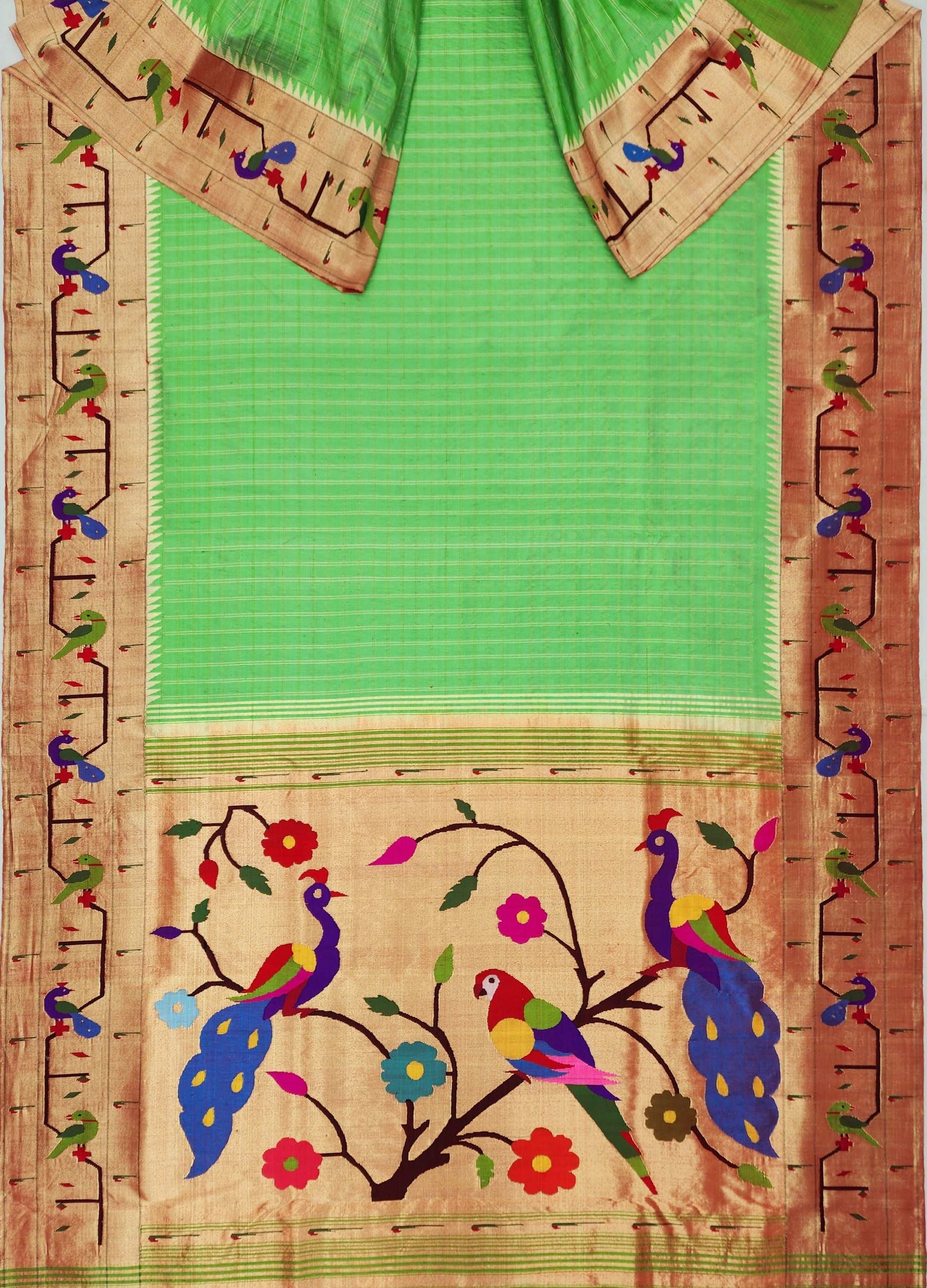 Peacock Parrots Brocade Paithani